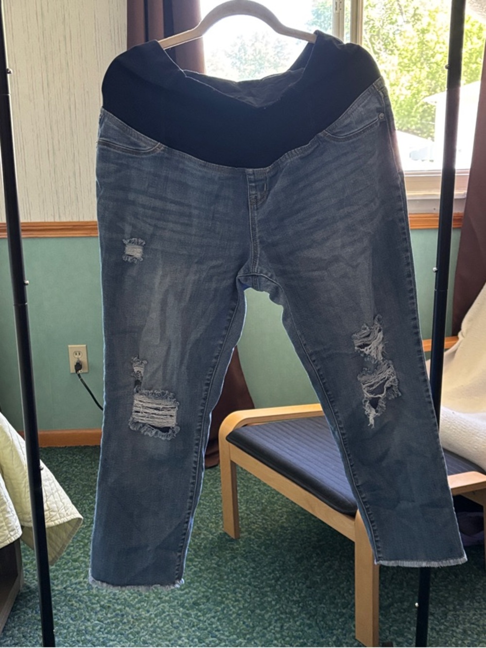 Maternity Distressed Blue Jeans with Navy Waistband